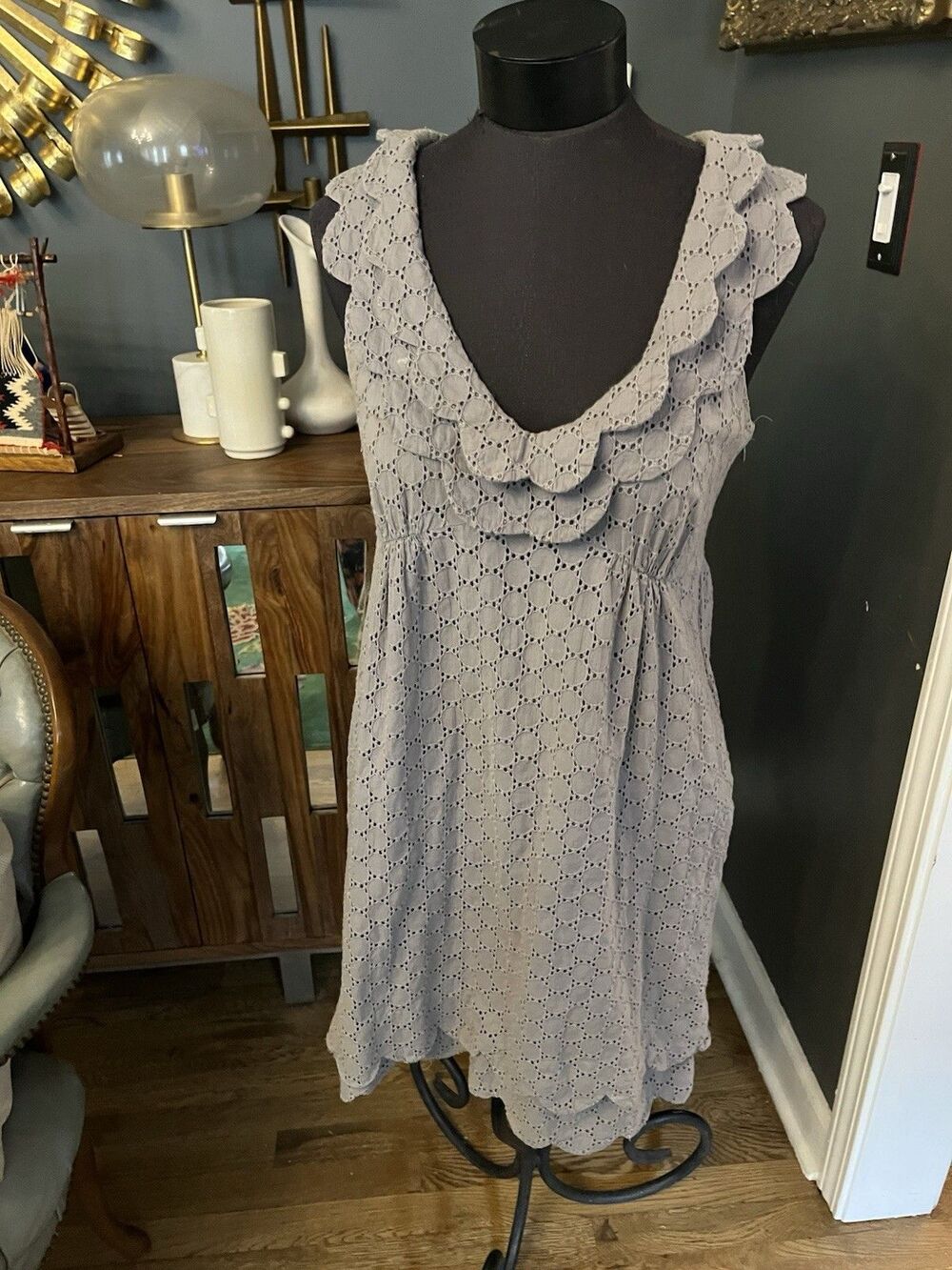 Calypso St Barth Womens Cotton Sleeveless Eyelet Ruffle Mini Dress Gray Size M